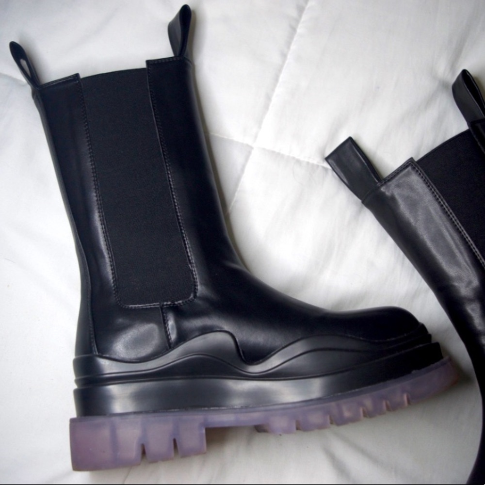 Chelsea Platform Slip on Boots (Black, Transparent Platform Sole, Vegan Leather)